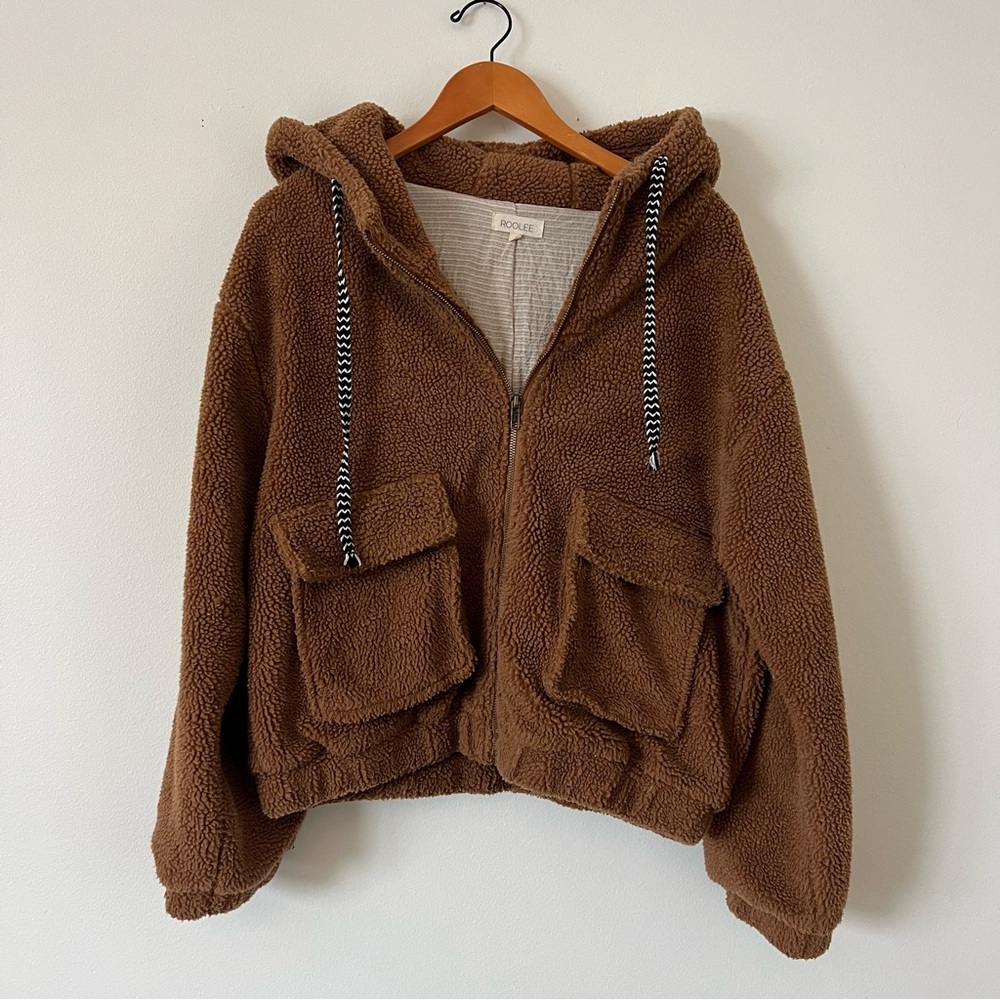 ROOLEE Women’s Brown Sherpa Hooded Cropped Zip Up Jacket Size Medium